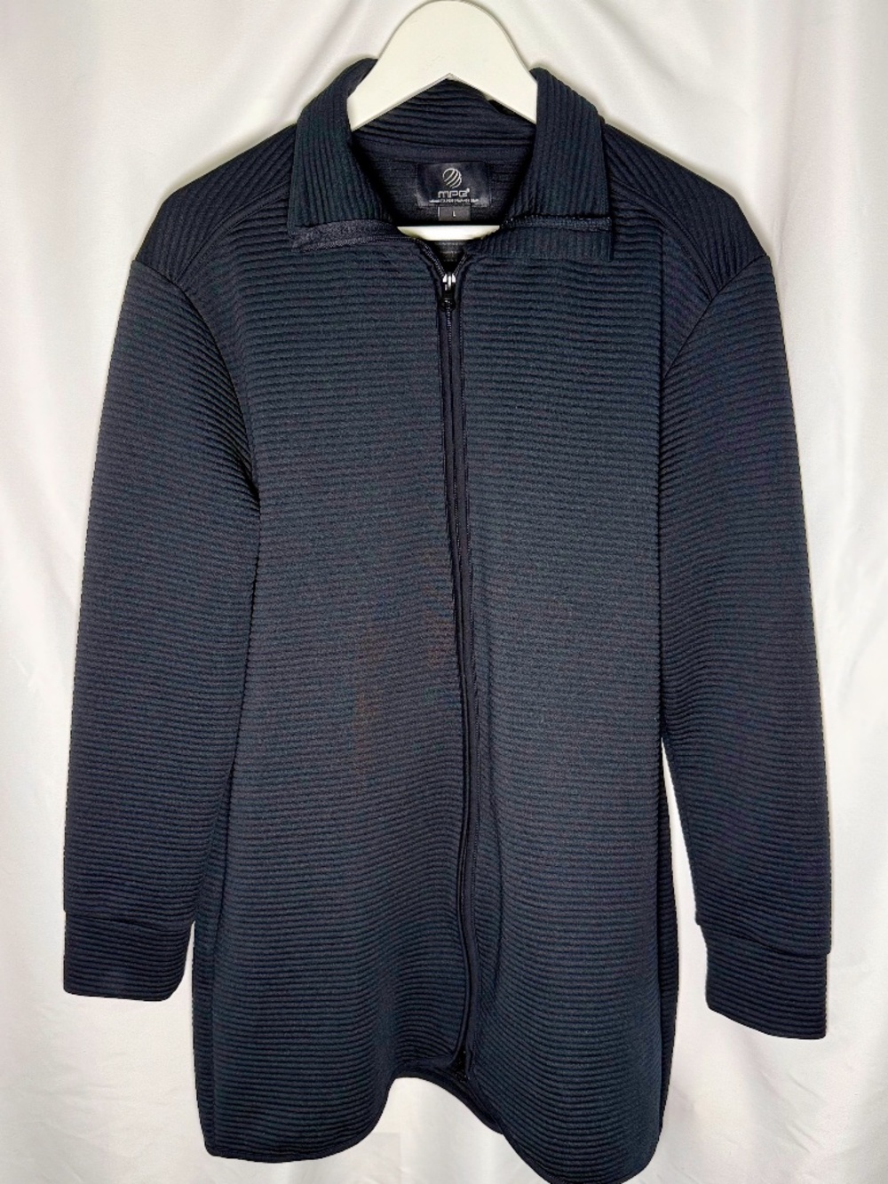MPG Women's Black Ribbed Full Zip Long Jacket Stretch Size L